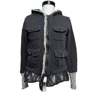 Y2K Scrapbook Womens Utility Zip Up Grey Lace Trim Boho Layered Hooded Grunge M